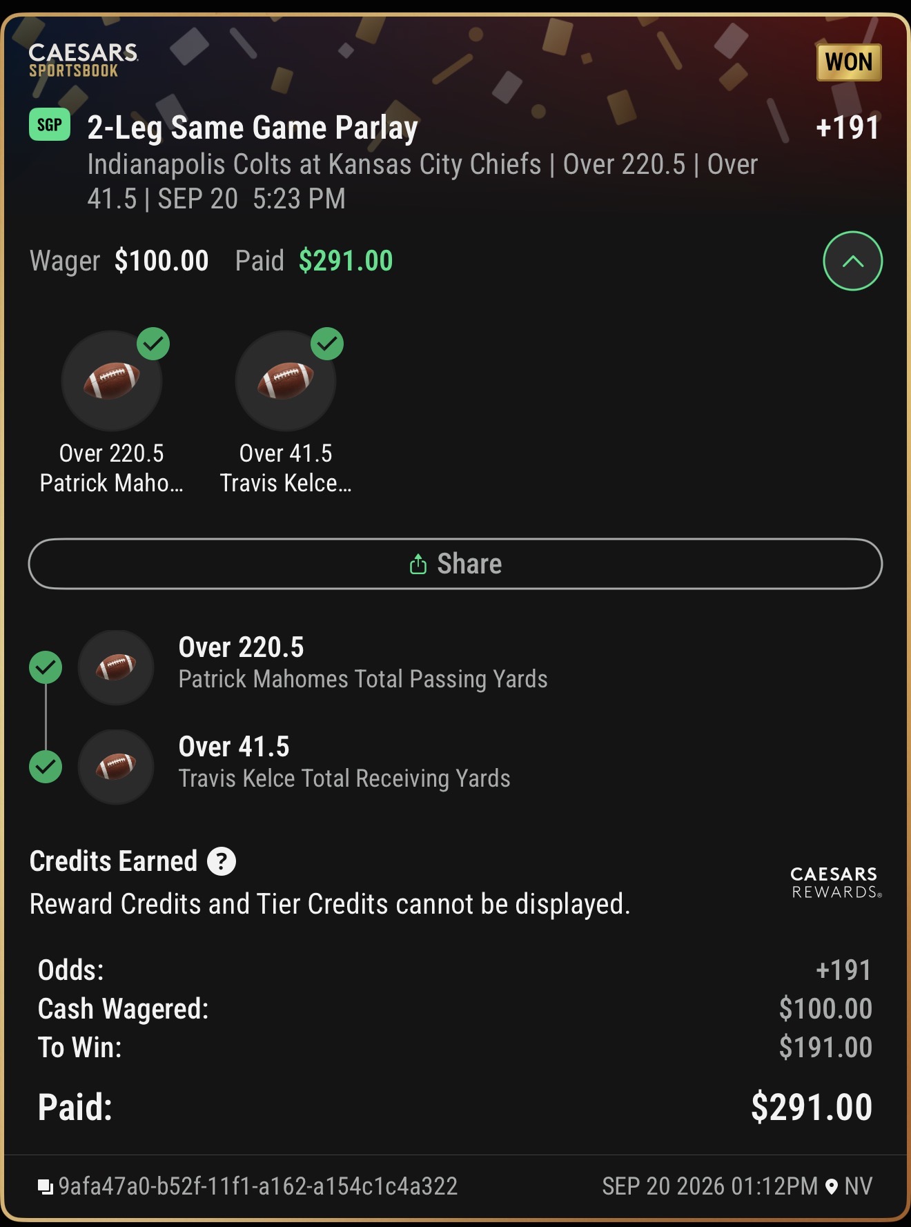 Winning Caesars Sportsbook ticket
