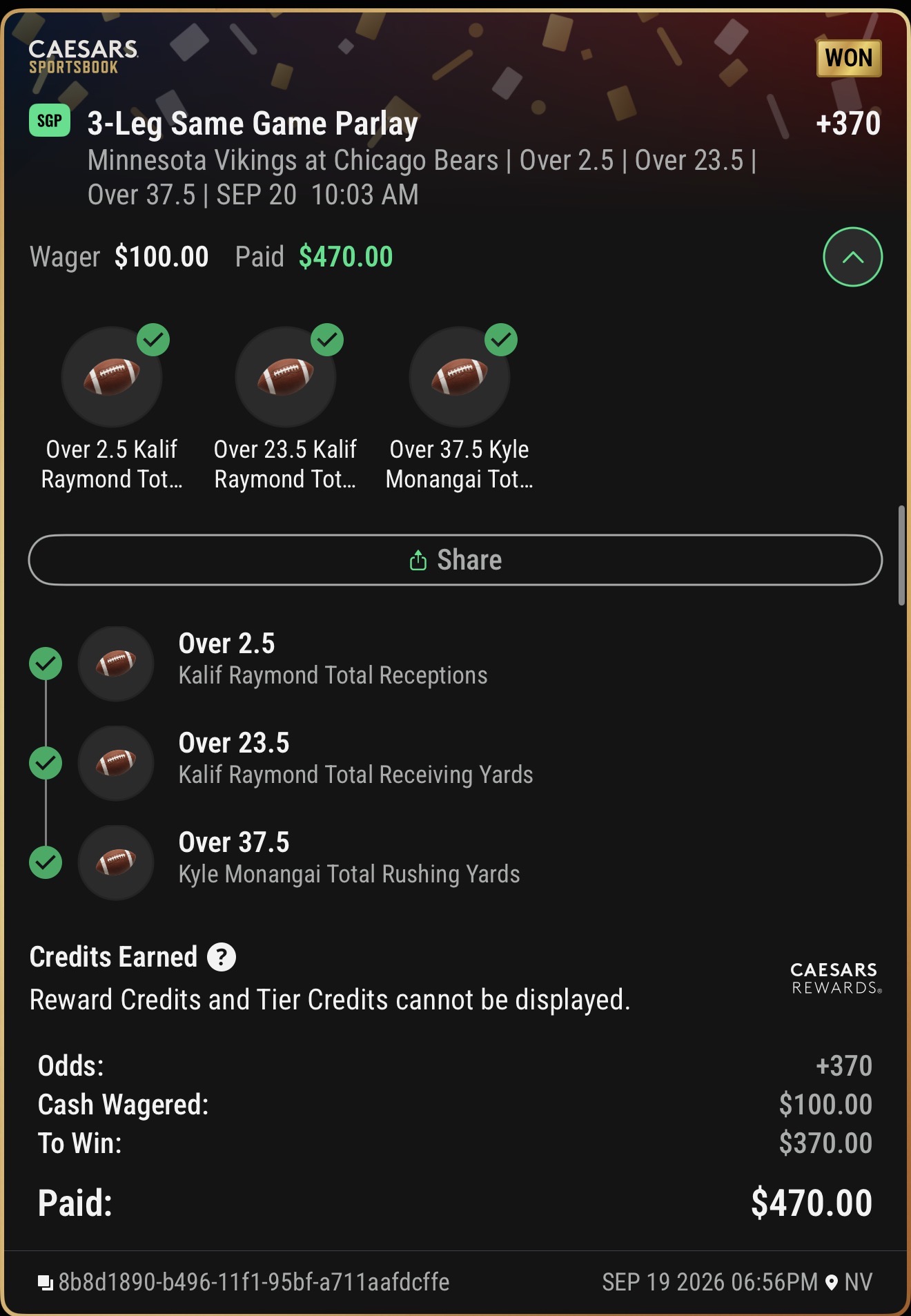 Winning Caesars Sportsbook ticket