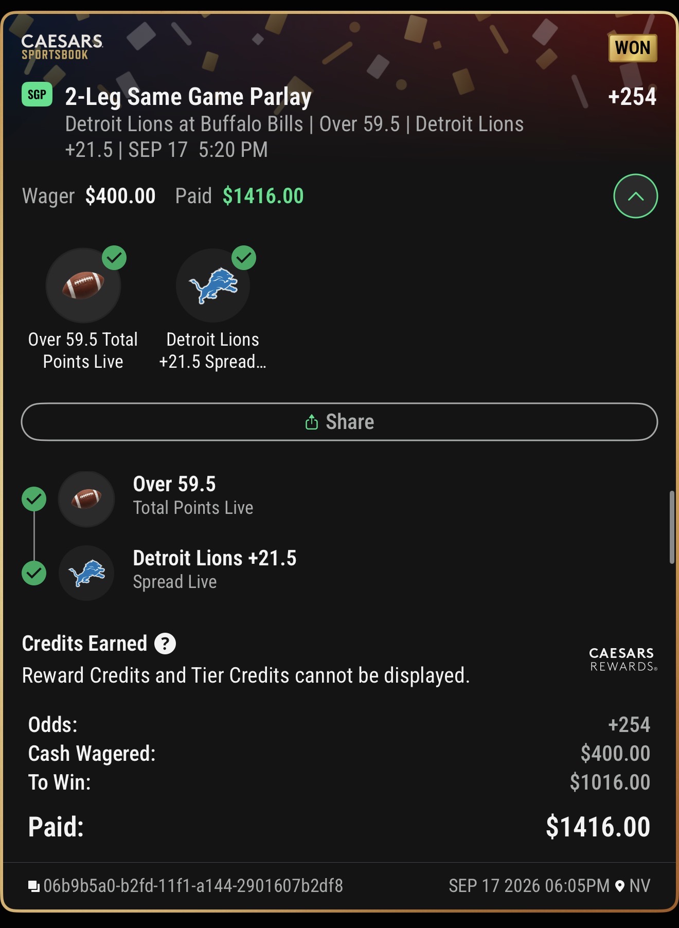 Winning Caesars Sportsbook ticket