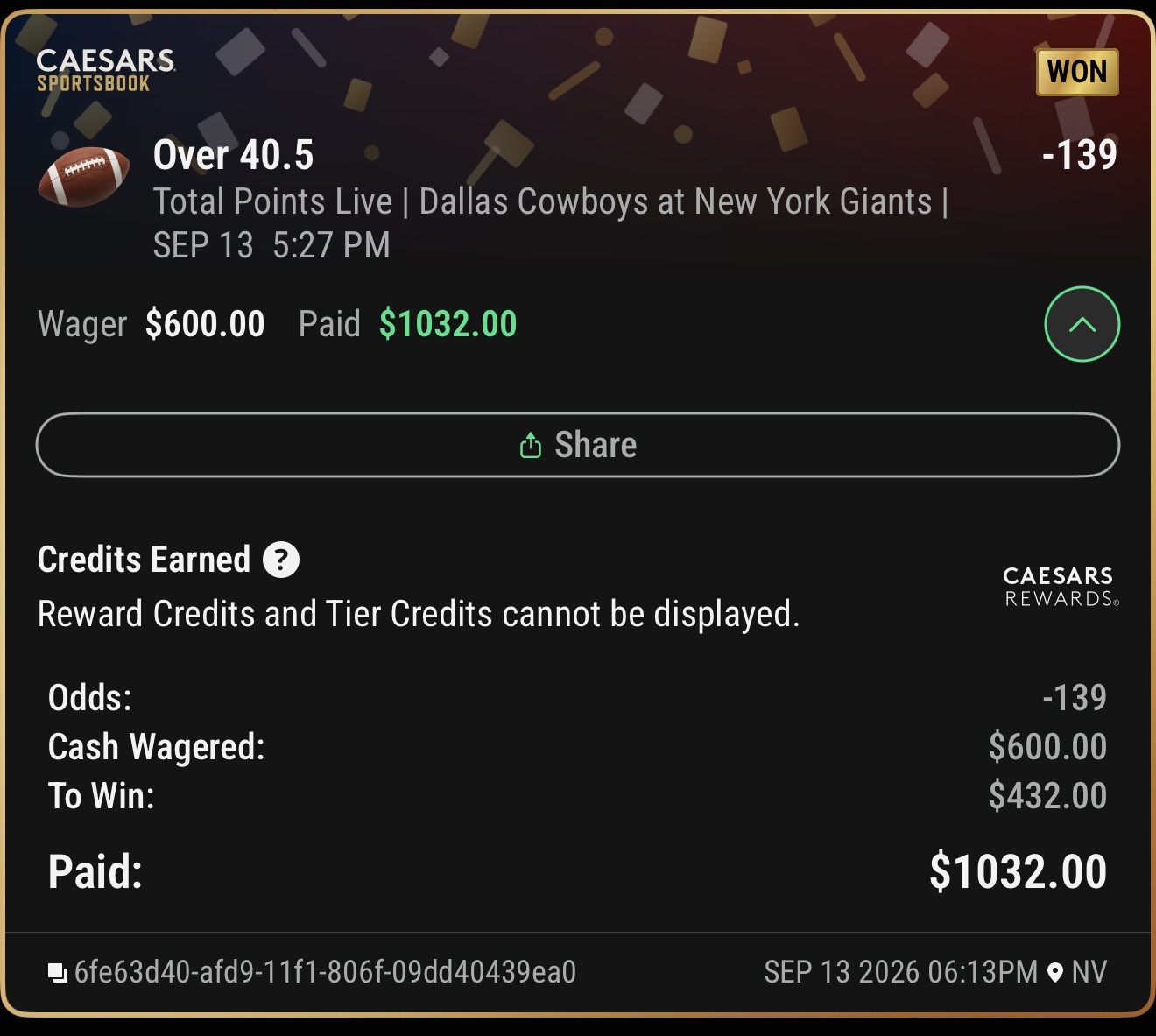 Winning Caesars Sportsbook ticket