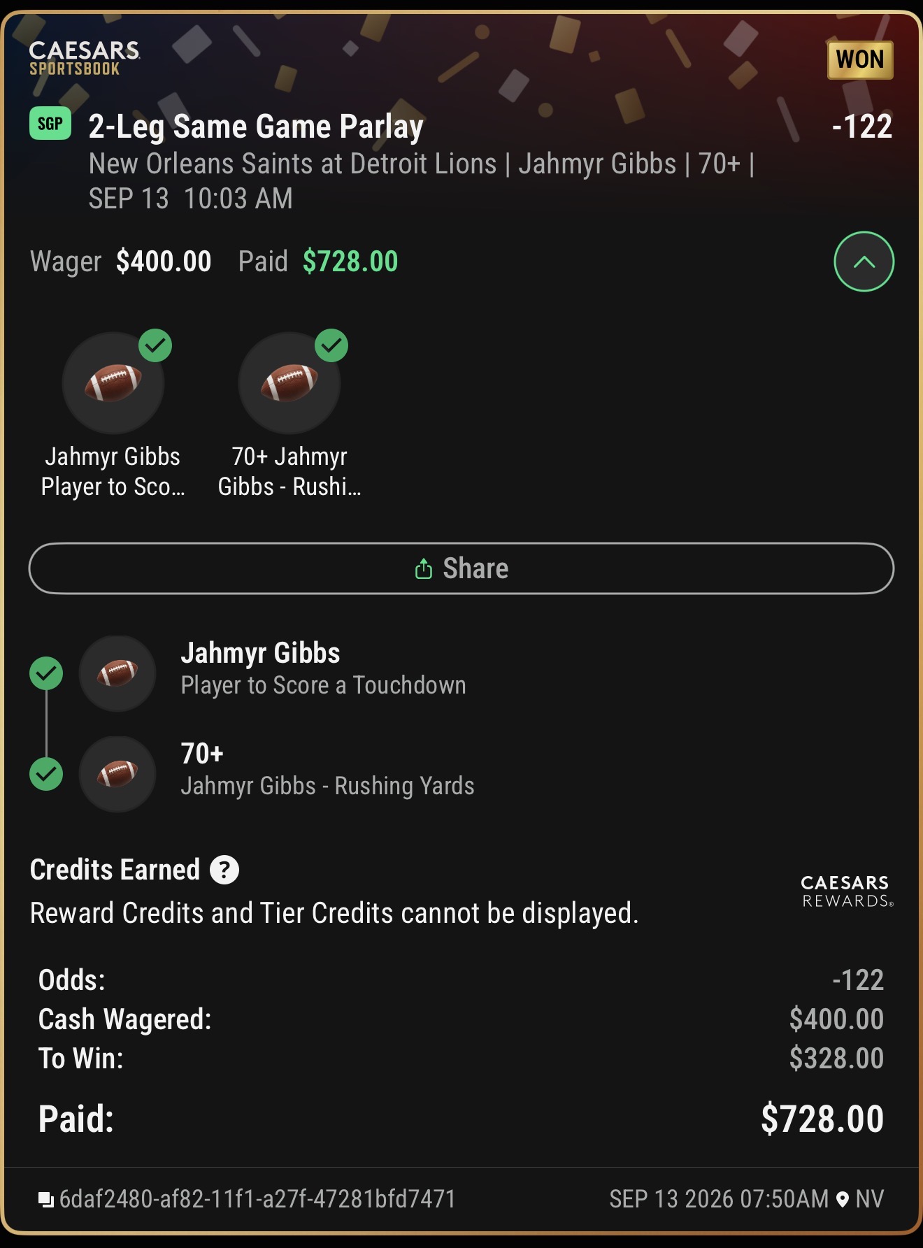 Winning Caesars Sportsbook ticket