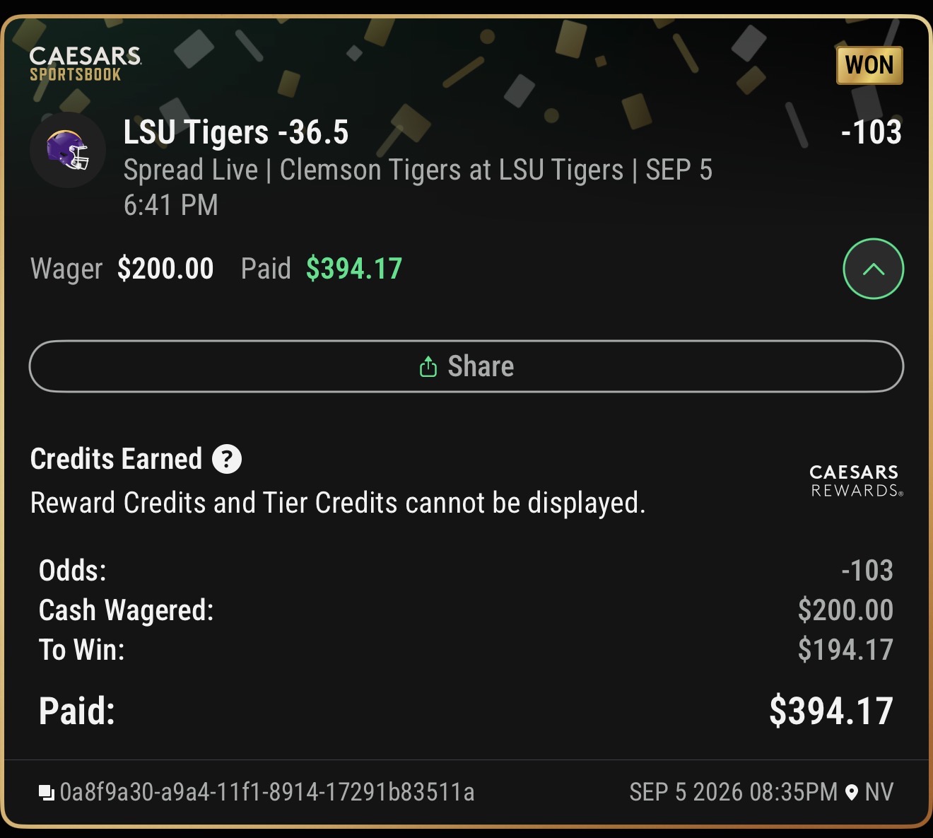 Winning Caesars Sportsbook ticket