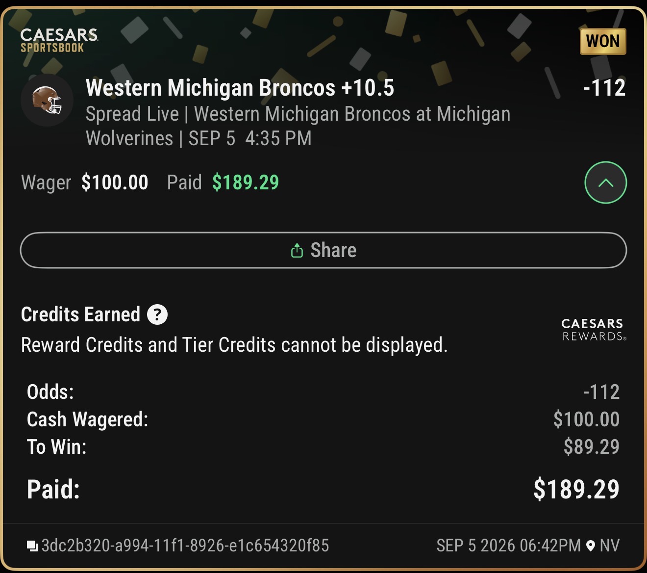 Winning Caesars Sportsbook ticket