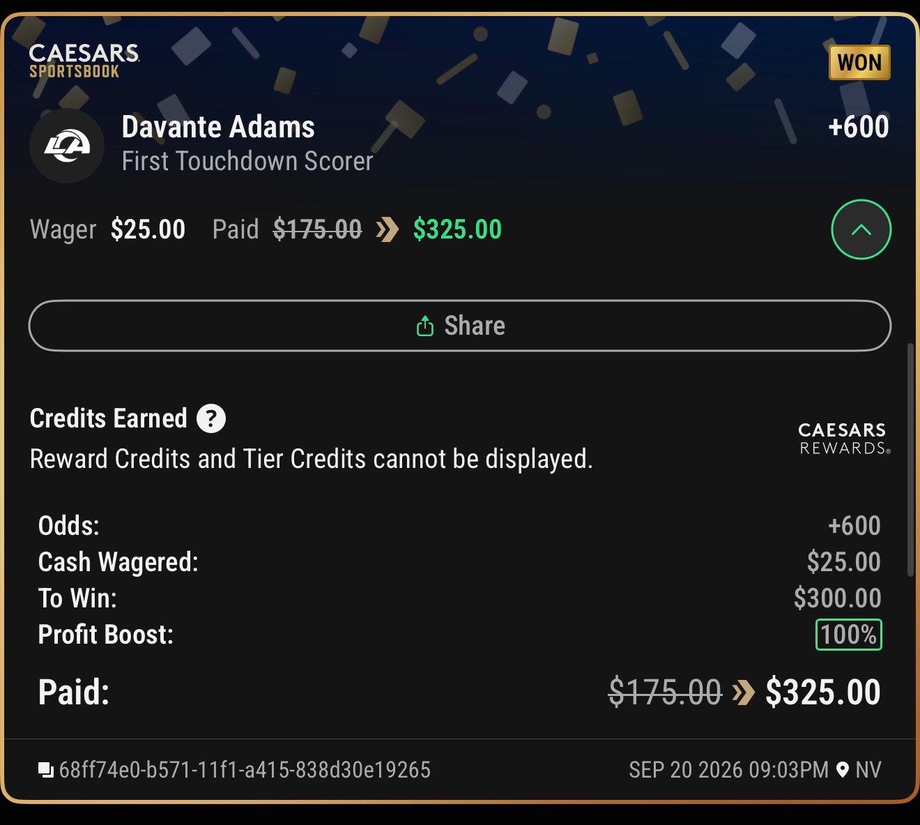 Winning Caesars Sportsbook ticket