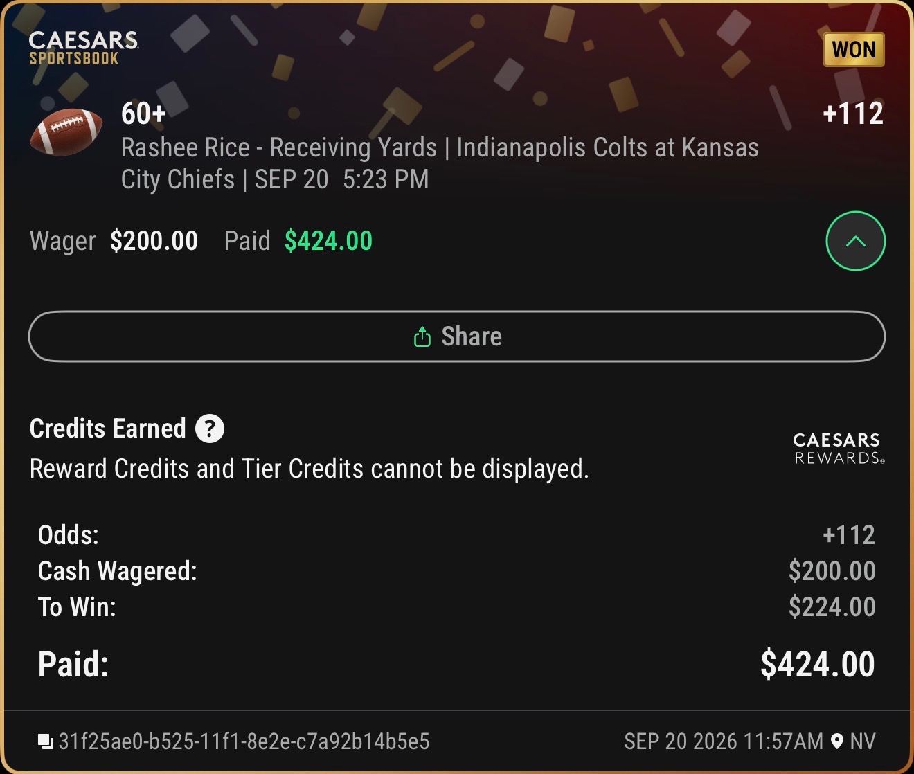 Winning Caesars Sportsbook ticket
