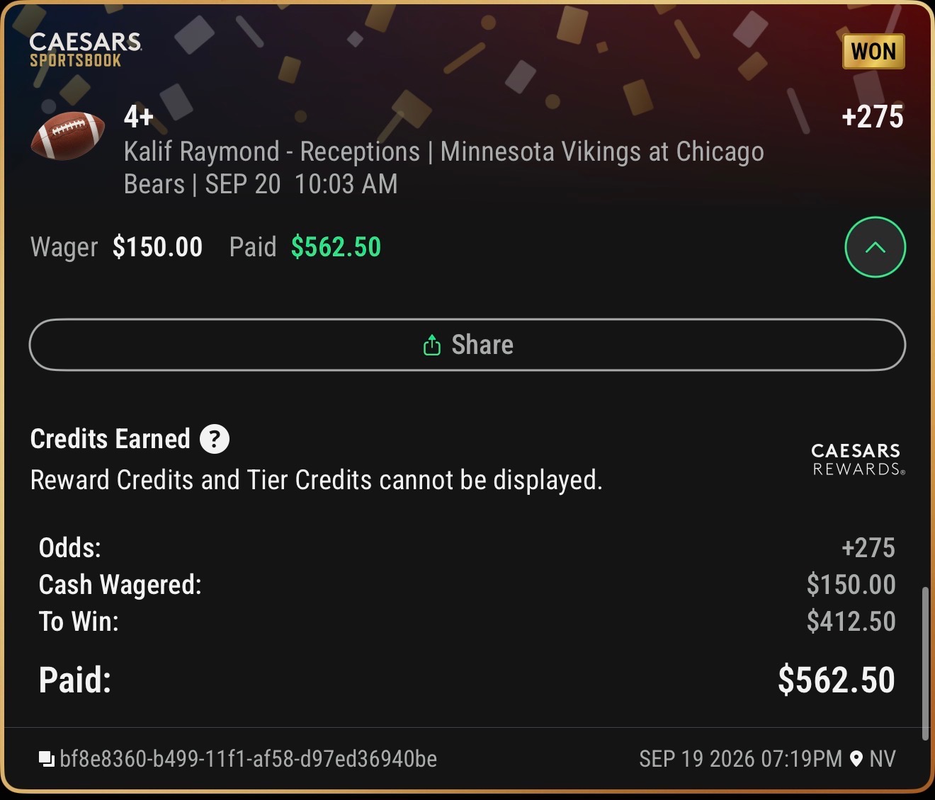 Winning Caesars Sportsbook ticket