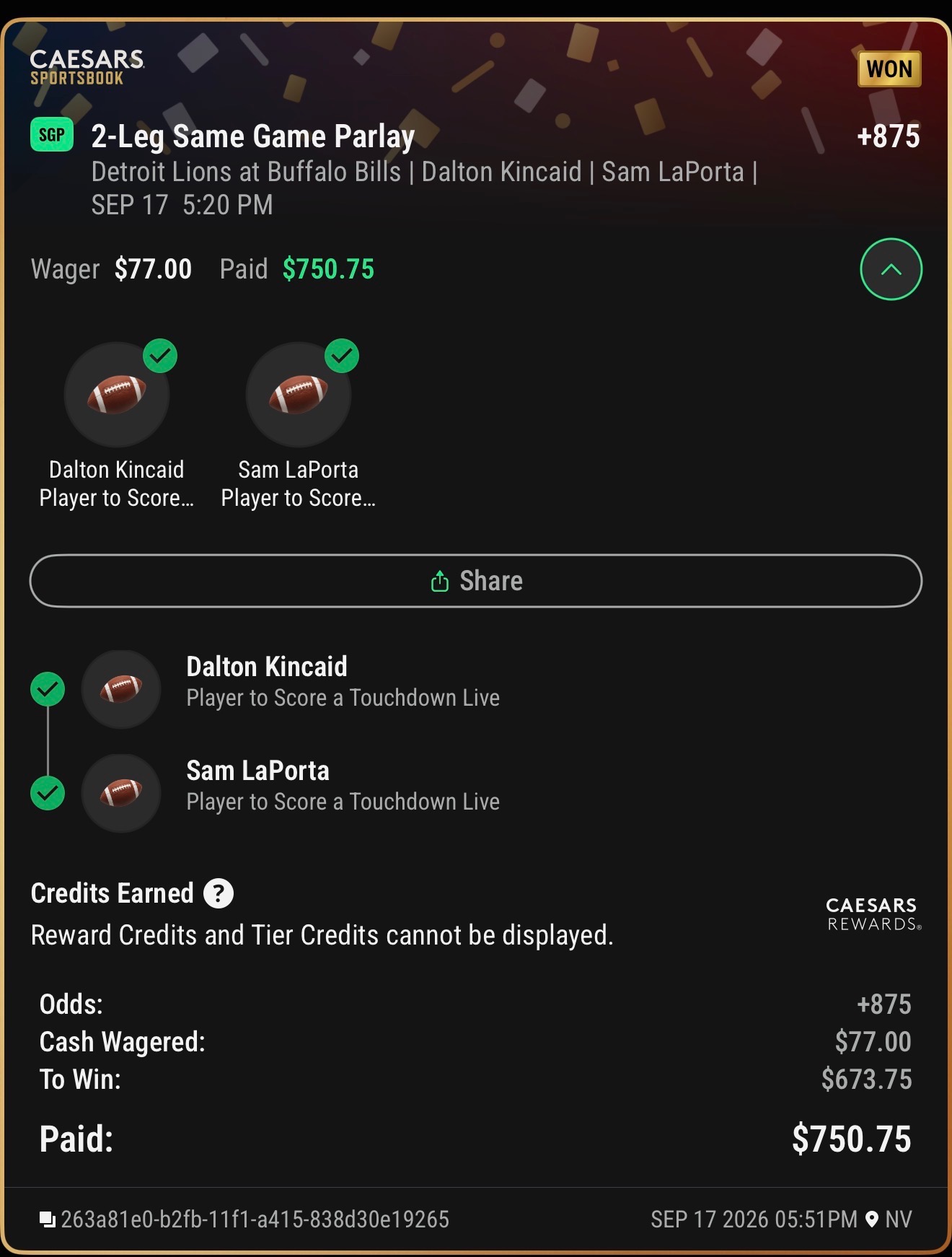 Winning Caesars Sportsbook ticket